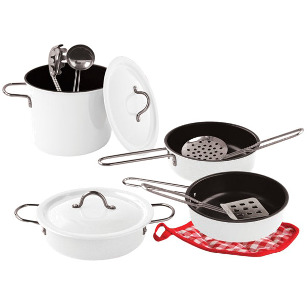 Topf- und Pfannenset aus Metall, weiß